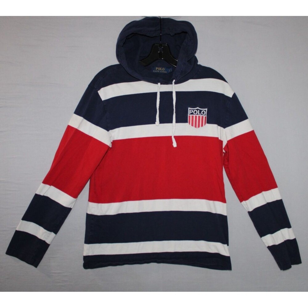 Polo Ralph Lauren Flag Pullover Hoodie Mens Size Small Red White Blue Embroider